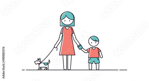 Mother And Child Walking With Dog Illustration.