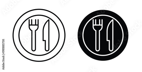 Cutlery icon in black and white color. Solid and linear icons