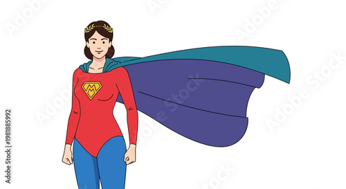Heroic Woman Superhero Wearing Red Costume Cape.