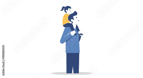 Father Carrying Child On Shoulders In Cartoon Illustration.