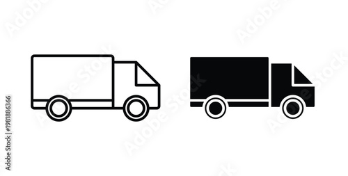 Delivery van icon in black and white color. Solid and linear icons
