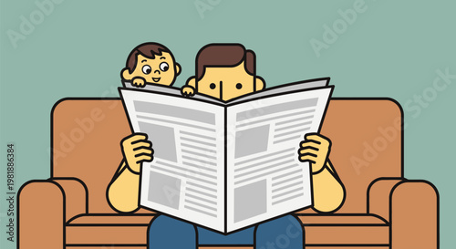 Two People Reading Newspaper on Sofa.