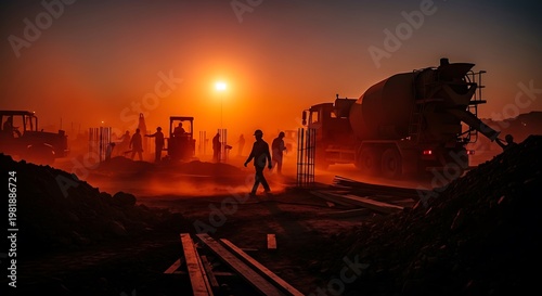 Dedicated construction workers and heavy machinery operating on a dusty industrial site, silhouetted against a dramatic, glowing orange sunset, symbolizing tireless effort and progress