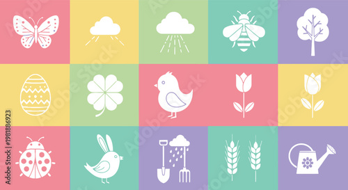 Spring-Themed Icon Set, Butterfly, Flower, Bee, Cloud, Egg, and Gardening Tools in Soft Pastel Colors