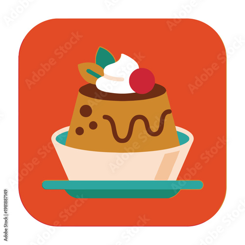 Chocolate Pudding Dessert in a Bowl with Whipped Cream and Cherry Topping Flat Icon Design