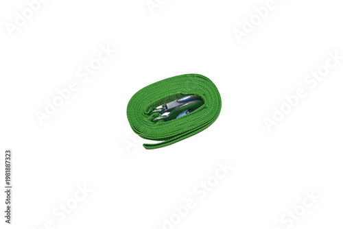 Fotografie Green car towing rope with hooks, Durable textile car tow strap rolled up