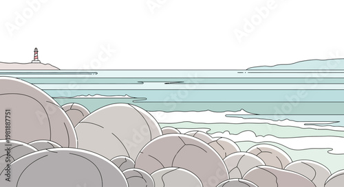 Large Gray Rocks on Beach Shore.