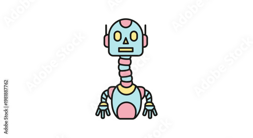 Colorful cartoon robot with headphones on.