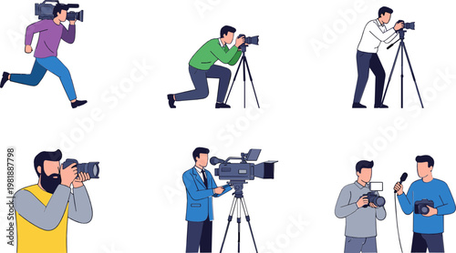 Photographer Icon Set Featuring Various Camera Poses, Tripod, and Videography for Media, Photography, and Content Creation Illustrations