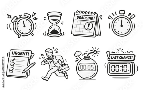 時間管理と締切の線画アイコンセット・ベクター / Time Management, Deadline, Urgent Line Icon Set, vector