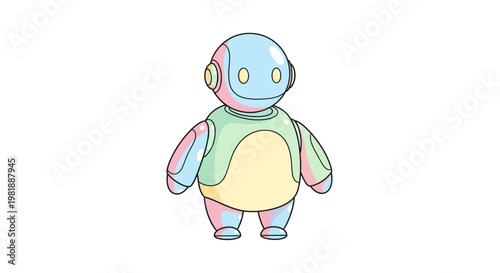 Colorful cartoon robot character standing alone.