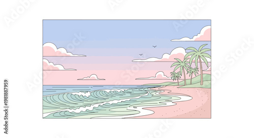 Illustration of a tropical beach scene.