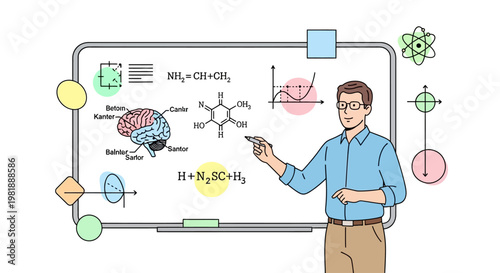 Man explaining chemistry on whiteboard.