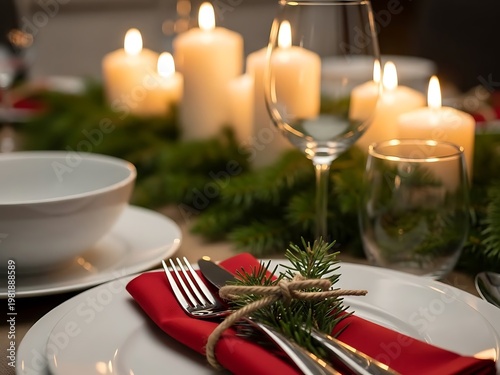 A festive holiday table setting with candles and evergreen on a plate with silverware