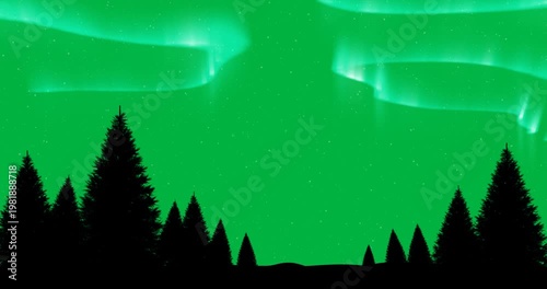 Animation of aurora borealis glowing over fir trees