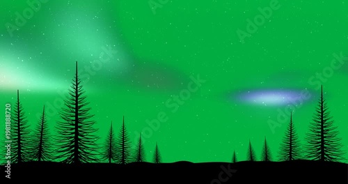 Animation of aurora borealis glowing over fir trees covered in snow in winter