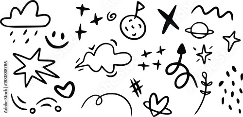 A whimsical collection of hand-drawn doodle elements including clouds, stars, planets, hearts, and abstract shapes for creative design