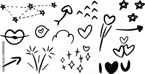 Hand-drawn doodles of stars, hearts, arrows, and lips, perfect for graphic design and creative projects