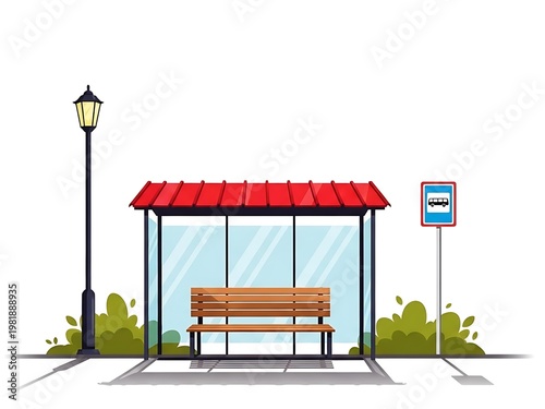 A bus stop shelter with a wooden bench sits under a red roof beside a street lamp.