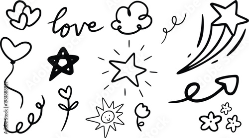 Collection of whimsical hand-drawn doodle elements featuring hearts, stars, clouds, and arrows, perfect for adding creative and playful conceptual design touches