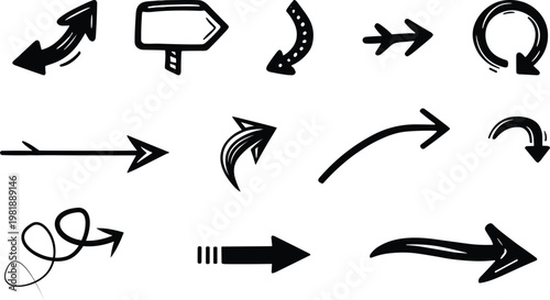 Diverse hand-drawn black arrow vector icons set, featuring various directional indicators and artistic styles for graphic design, web navigation, and visual communication projects