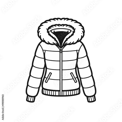 Outline vector illustration of a comfortable winter puffer jacket featuring a plush fur-lined hood, designed for warmth and style in cold weather fashion