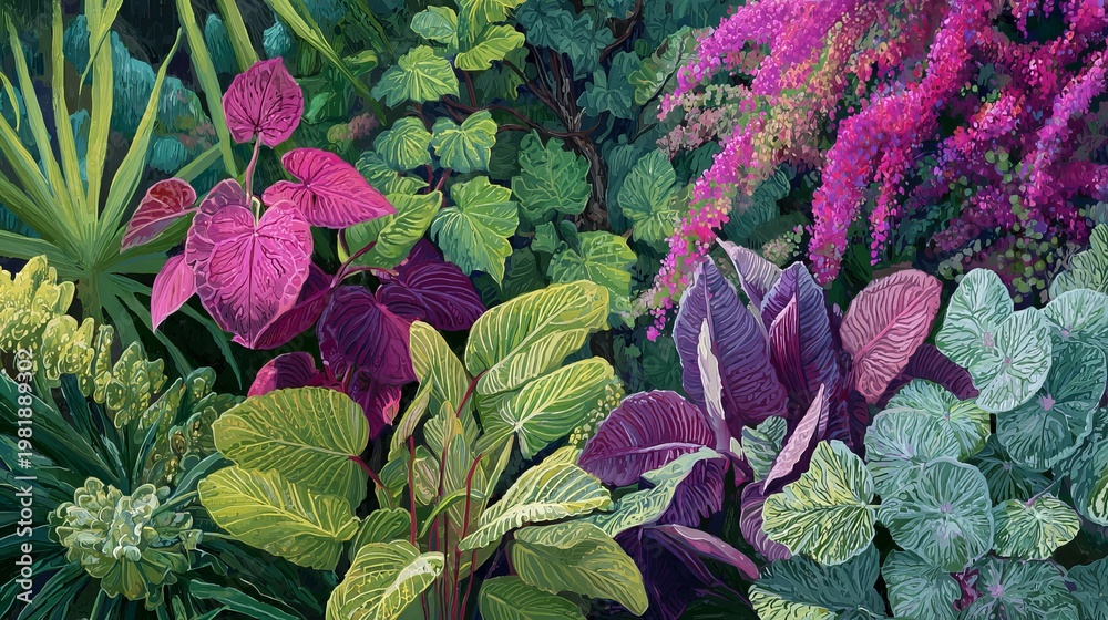 Obraz premium Plants and blooms create a lively jungle look. Bright greens, purples, and pinks fill the scene, showing off detailed leaves and vivid colors.