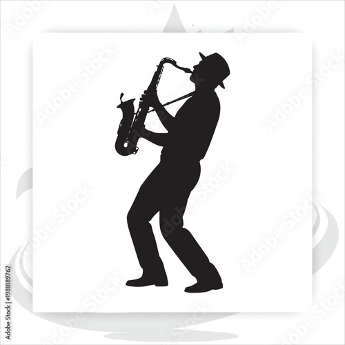 Saxophone Player Silhouette Vector Illustration, Jazz Musician Playing Sax Instrument Isolated on White Background,