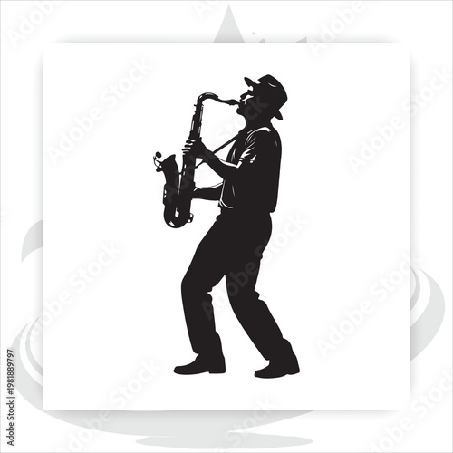 Saxophone Player Silhouette Vector Illustration, Jazz Musician Playing Sax Instrument Isolated on White Background,