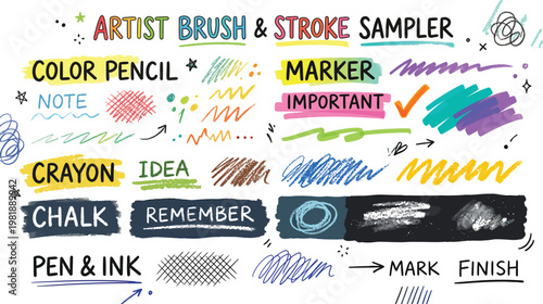 An artist brush and stroke sampler featuring color pencil, marker, crayon, chalk, and pen & ink styles.
