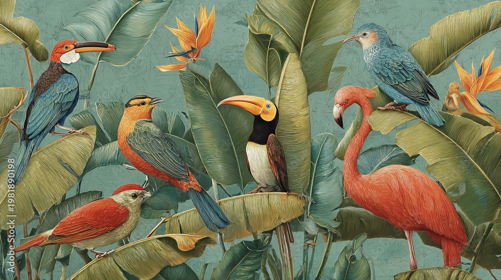 Obraz premium Colorful birds, like emperor birds of paradise and flamingos, rest on banana leaves, creating a vibrant tropical scene on a textured paper.