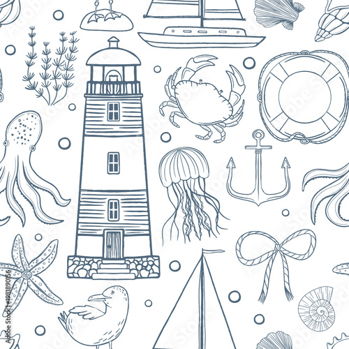 Marine life line art seamless pattern. Hand drawn octopus, dolphin, lighthouse and shells outline background. Perfect for branding, packaging, fabric prints and modern home decor.