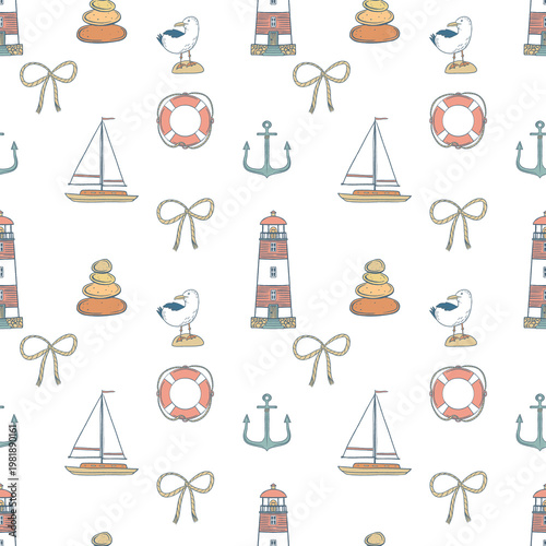 Nautical seamless pattern with lighthouse, boat, anchor and seagull. Hand drawn coastal marine background. Perfect for wrapping, packaging, stationery, fabric and textile prints.