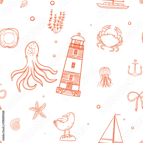 Coastal sea life seamless pattern. Monochrome hand drawn marine animals and nautical elements background. Perfect for stationery, scrapbooking, textile prints and delicate packaging.