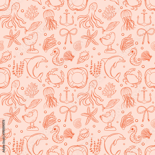 Coastal sea life seamless pattern. Monochrome hand drawn marine animals and nautical elements background. Perfect for stationery, scrapbooking, textile prints and delicate packaging.