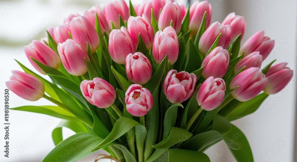 Fototapeta premium Close-up of fresh pink tulips in a green vase, soft light, natural background, flowers bouquet