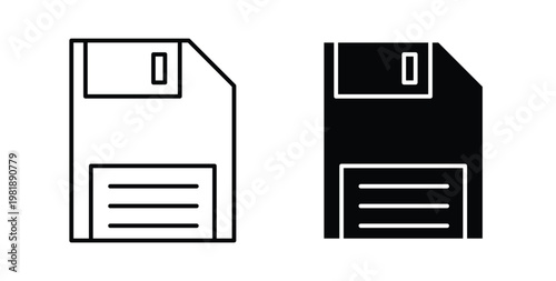 Floppy disk icon in black and white color. Solid and linear icons