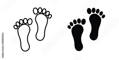 Foot icon in black and white color. Solid and linear icons