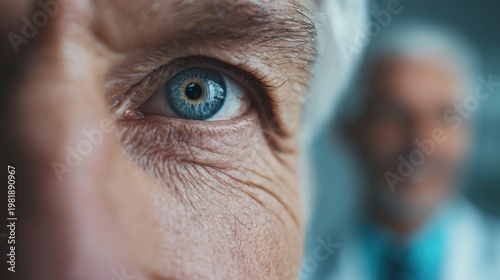 A human eye with vibrant blue iris and intricate details of the corneal surface