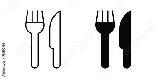 Fork and Knife icon in black and white color. Solid and linear icons