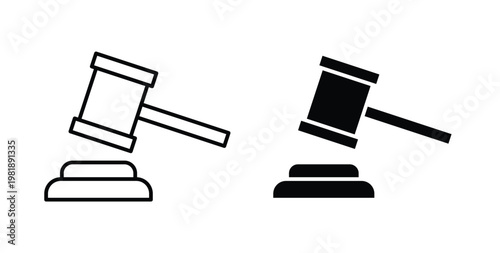 Gavel icon in black and white color. Solid and linear icons