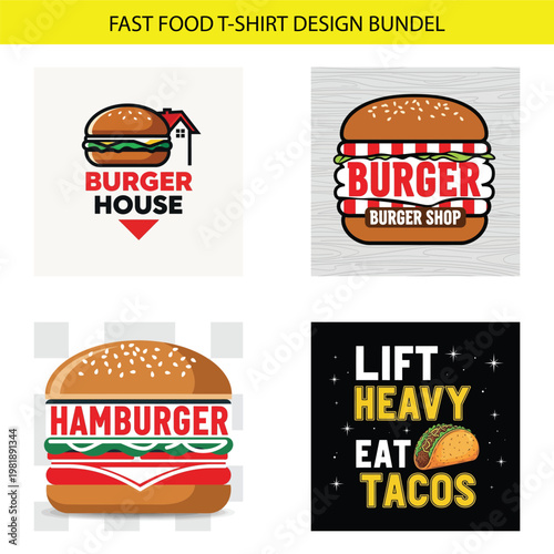 Four fast food themed t shirt designs featuring burgers and tacos