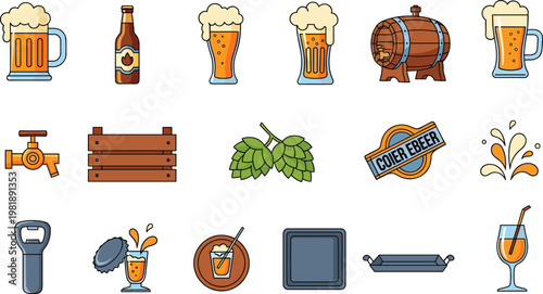 Beer Brewing Vector Set with Mug Bottle Barrel Hops Tap and Craft Brewery Elements