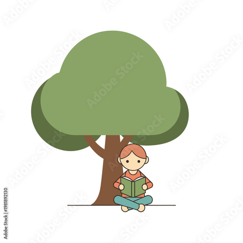 Young child reading a book beneath a tree.
