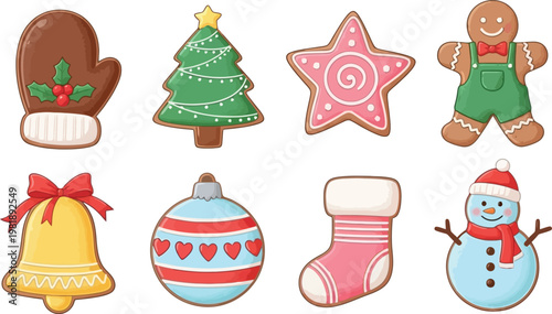 Festive Gingerbread Cookies with Christmas Shapes, Holiday Mittens, Snowman, Tree, Stockings, and Candy in Vector Art Style