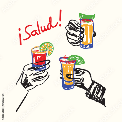 Tequila Shots Cheers with Hands Celebrating Fiesta Party