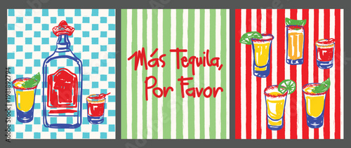 Colorful Retro Tequila Drink Poster Set with Spanish Text Mas Tequila Por Favor (more tequila please)