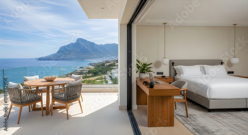 A luxury hotel room interior featuring a private terrace with a scenic coastal mountain view. illustration
