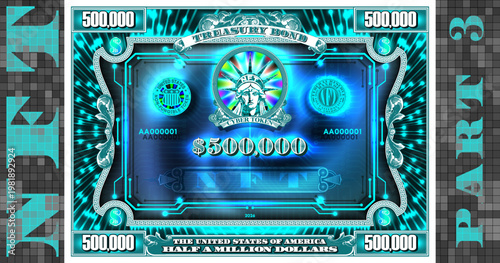 Vector glowing cyan symmetrical treasury bond. Half a million dollars. Bright contrasting security, rays, computer chip, luminescent glow. Virtual cyber non-fungible token. 3D NFT with shadows