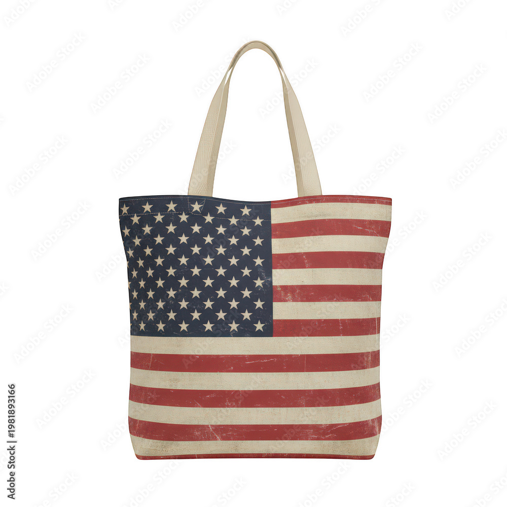 Fototapeta premium Tote bag with distressed american flag print isolated on a transparent background